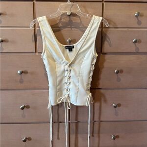 PrettyLittleThing Cream Lace-Up Detail Plunge Bustier Bodysuit Size 2